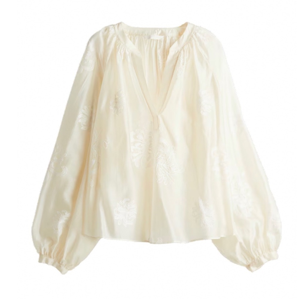 HM Cream Embroidered V-Neck Blouse Semi-Sheer Lyocell Blend Size L Long Sleeve